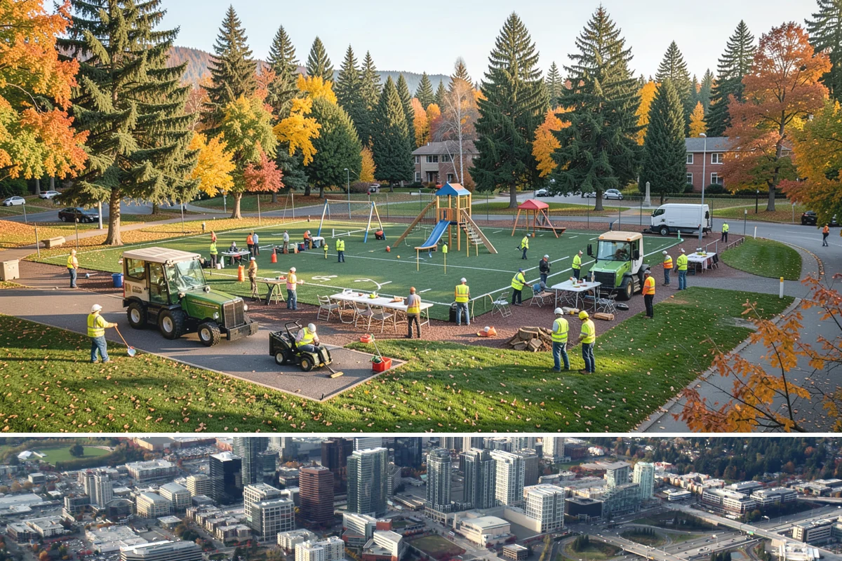 Public Plaza Maintenance in Bellevue, King County, WA - Biological growth peaks in the wet fall and winter, prioritizing cleaning then, while sealing and repairs are timed for drier...