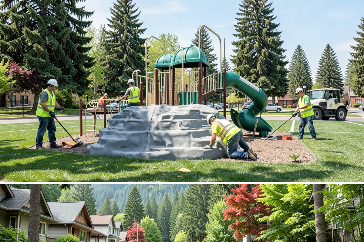 Public Plaza Maintenance in Darrington, Snohomish County, WA - Biological growth peaks in the wet fall and winter, prioritizing cleaning then, while sealing and repairs are timed for drier...