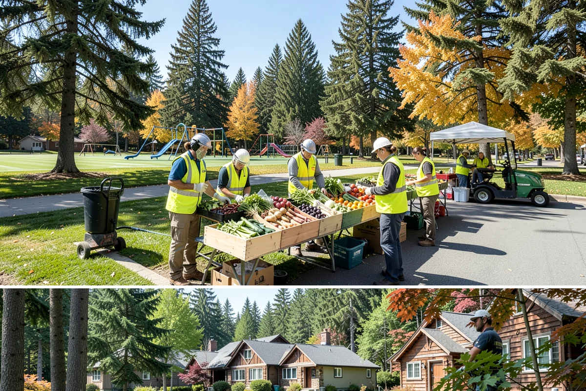 Public Plaza Maintenance in Edgewood, Pierce County, WA - Biological growth peaks in the wet fall and winter, prioritizing cleaning then, while sealing and repairs are timed for drier...