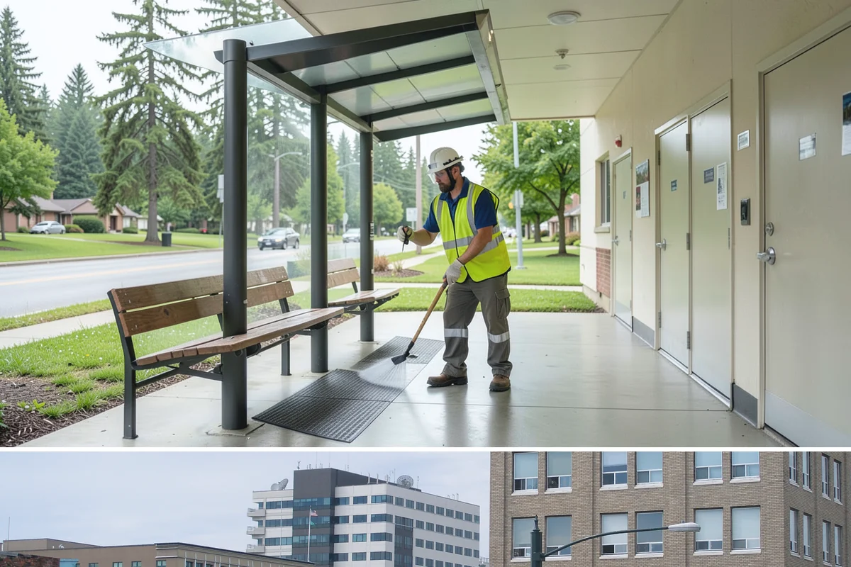Public Plaza Maintenance in Everett, Snohomish County, WA - Biological growth peaks in the wet fall and winter, prioritizing cleaning then, while sealing and repairs are timed for drier...