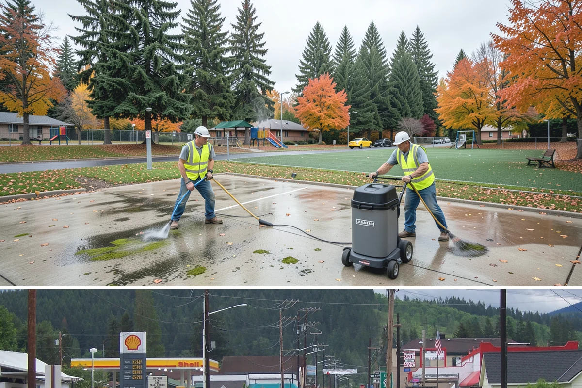 Public Plaza Maintenance in Granite Falls, Snohomish County, WA - Biological growth peaks in the wet fall and winter, prioritizing cleaning then, while sealing and repairs are timed for drier...