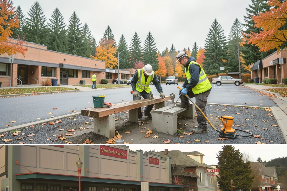 Public Plaza Maintenance in Issaquah, King County, WA - Biological growth peaks in the wet fall and winter, prioritizing cleaning then, while sealing and repairs are timed for drier...