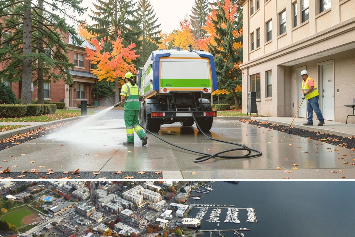 Public Plaza Maintenance in Kirkland, King County, WA - Biological growth peaks in the wet fall and winter, prioritizing cleaning then, while sealing and repairs are timed for drier...
