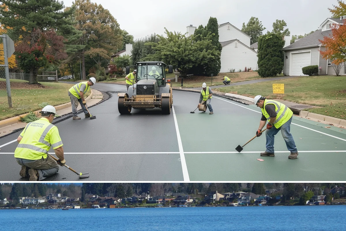 Public Plaza Maintenance in Lake Stevens, Snohomish County, WA - Biological growth peaks in the wet fall and winter, prioritizing cleaning then, while sealing and repairs are timed for drier...