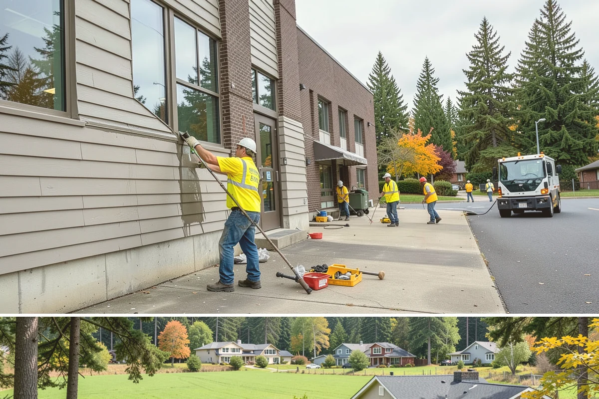 Public Plaza Maintenance in Lyman, Skagit County, WA - Biological growth peaks in the wet fall and winter, prioritizing cleaning then, while sealing and repairs are timed for drier...