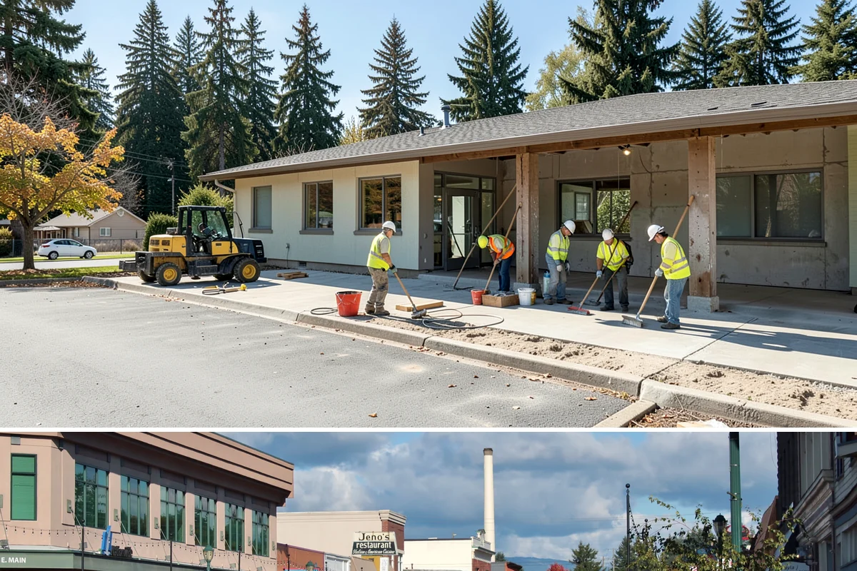 Public Plaza Maintenance in Monroe, Snohomish County, WA - Biological growth peaks in the wet fall and winter, prioritizing cleaning then, while sealing and repairs are timed for drier...