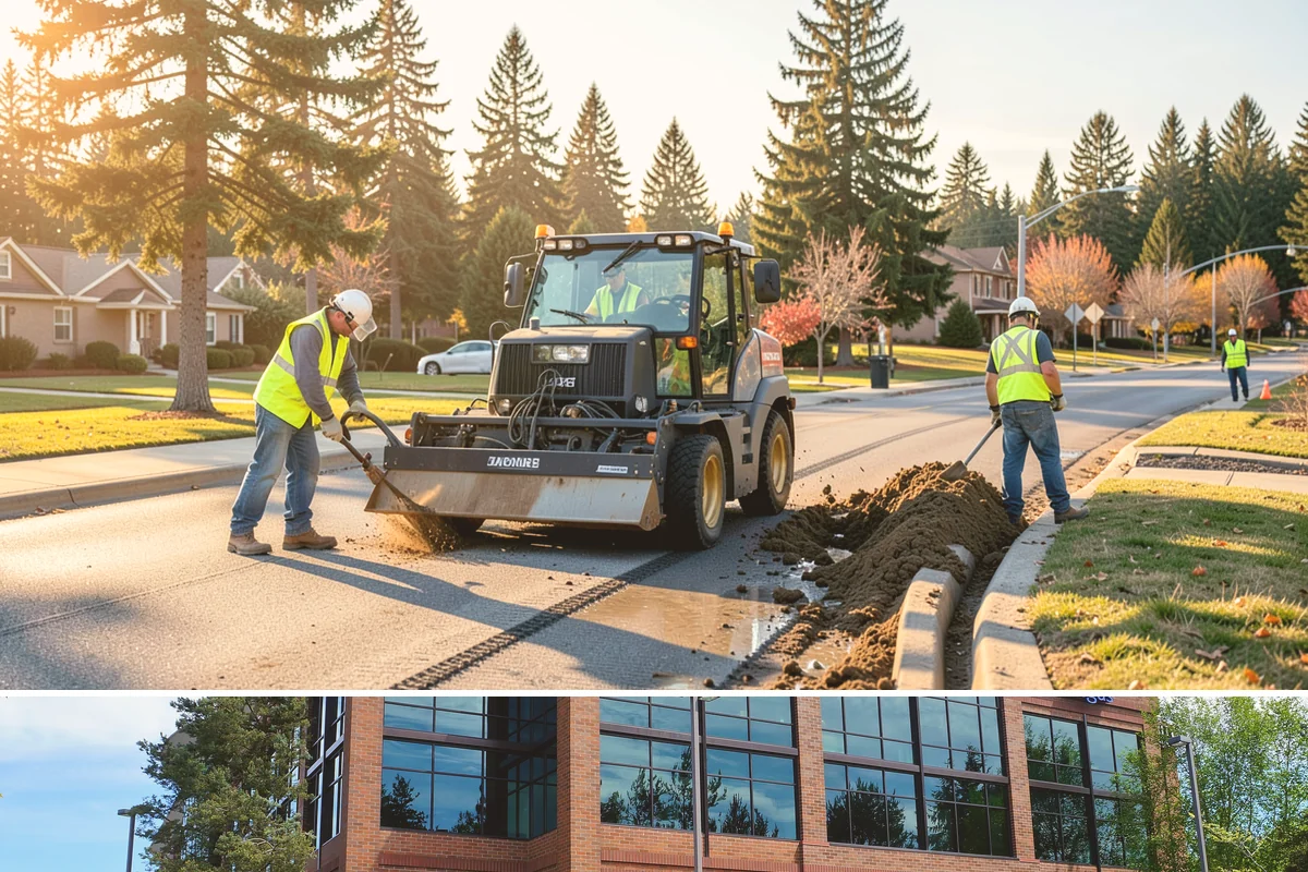 Public Plaza Maintenance in Mountlake Terrace, Snohomish County, WA - Biological growth peaks in the wet fall and winter, prioritizing cleaning then, while sealing and repairs are timed for drier...