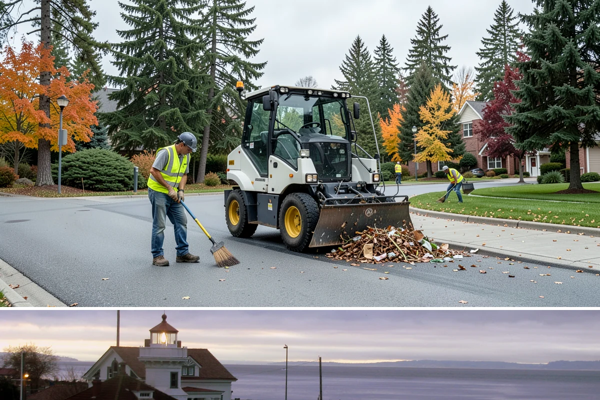 Public Plaza Maintenance in Mukilteo, Snohomish County, WA - Biological growth peaks in the wet fall and winter, prioritizing cleaning then, while sealing and repairs are timed for drier...