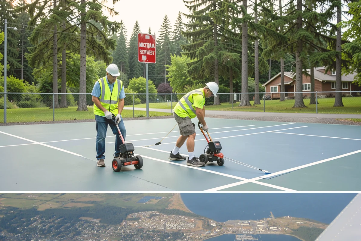 Public Plaza Maintenance in Oak Harbor, Island County, WA - Biological growth peaks in the wet fall and winter, prioritizing cleaning then, while sealing and repairs are timed for drier...