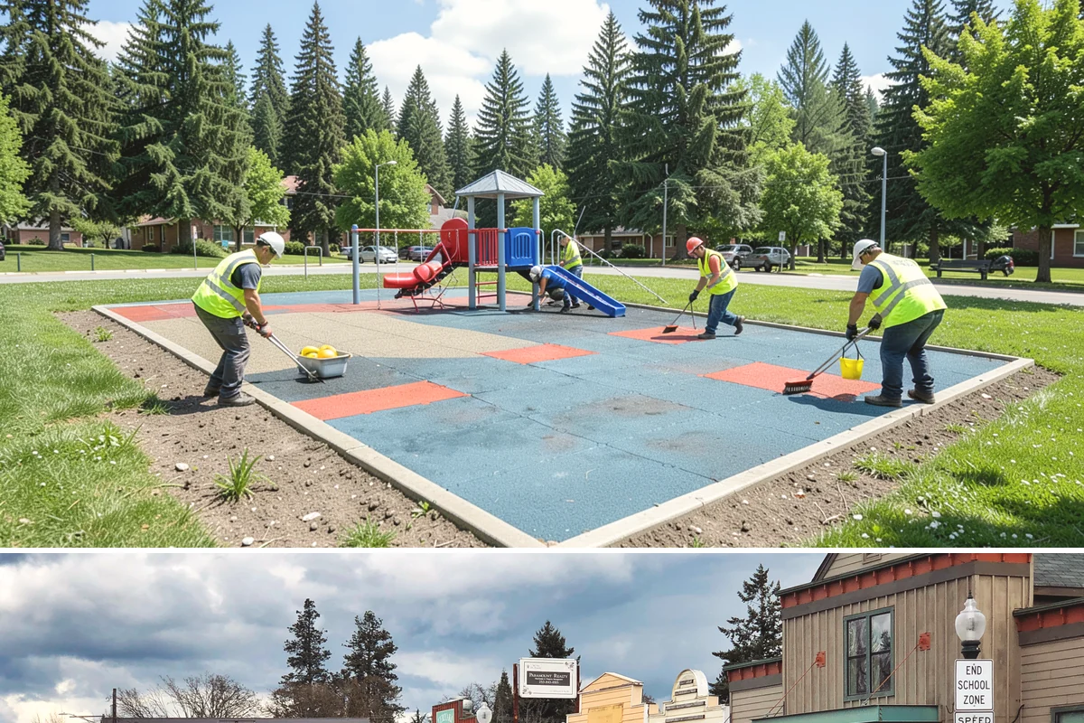 Public Plaza Maintenance in Roy, Pierce County, WA - Biological growth peaks in the wet fall and winter, prioritizing cleaning then, while sealing and repairs are timed for drier...