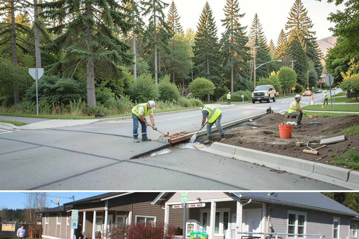 Public Plaza Maintenance in South Prairie, Pierce County, WA - Biological growth peaks in the wet fall and winter, prioritizing cleaning then, while sealing and repairs are timed for drier...