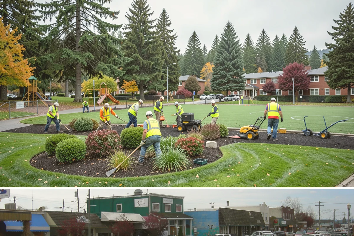 Public Plaza Maintenance in Stanwood, Snohomish County, WA - Biological growth peaks in the wet fall and winter, prioritizing cleaning then, while sealing and repairs are timed for drier...