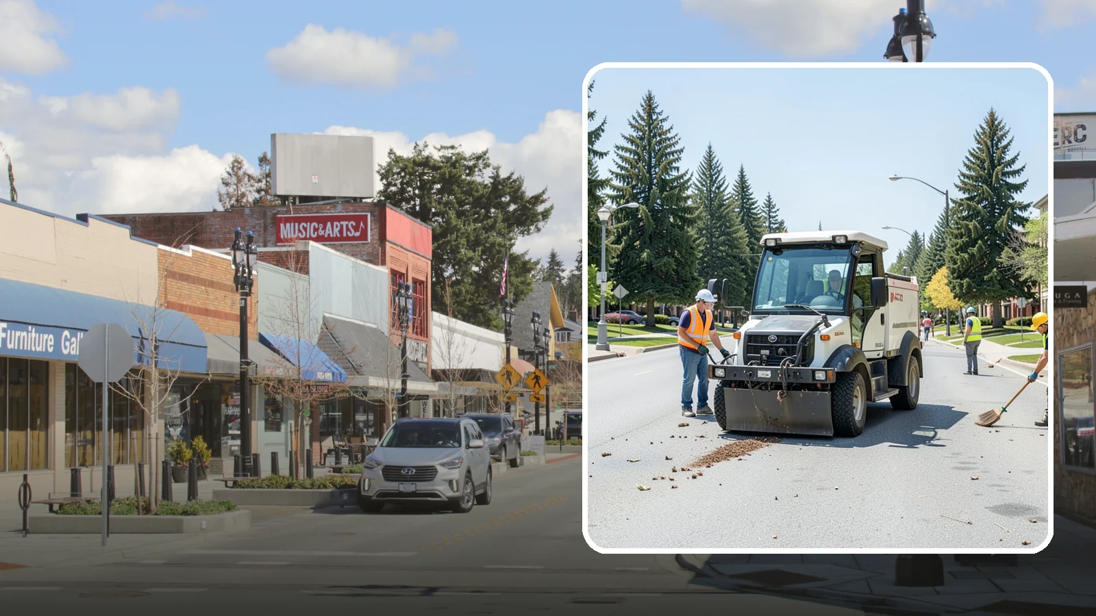 Public Space Cleanup in Bothell, King County, WA - Comprehensive cleaning of downtown cores, plazas, and civic gathering spaces on a scheduled basis.