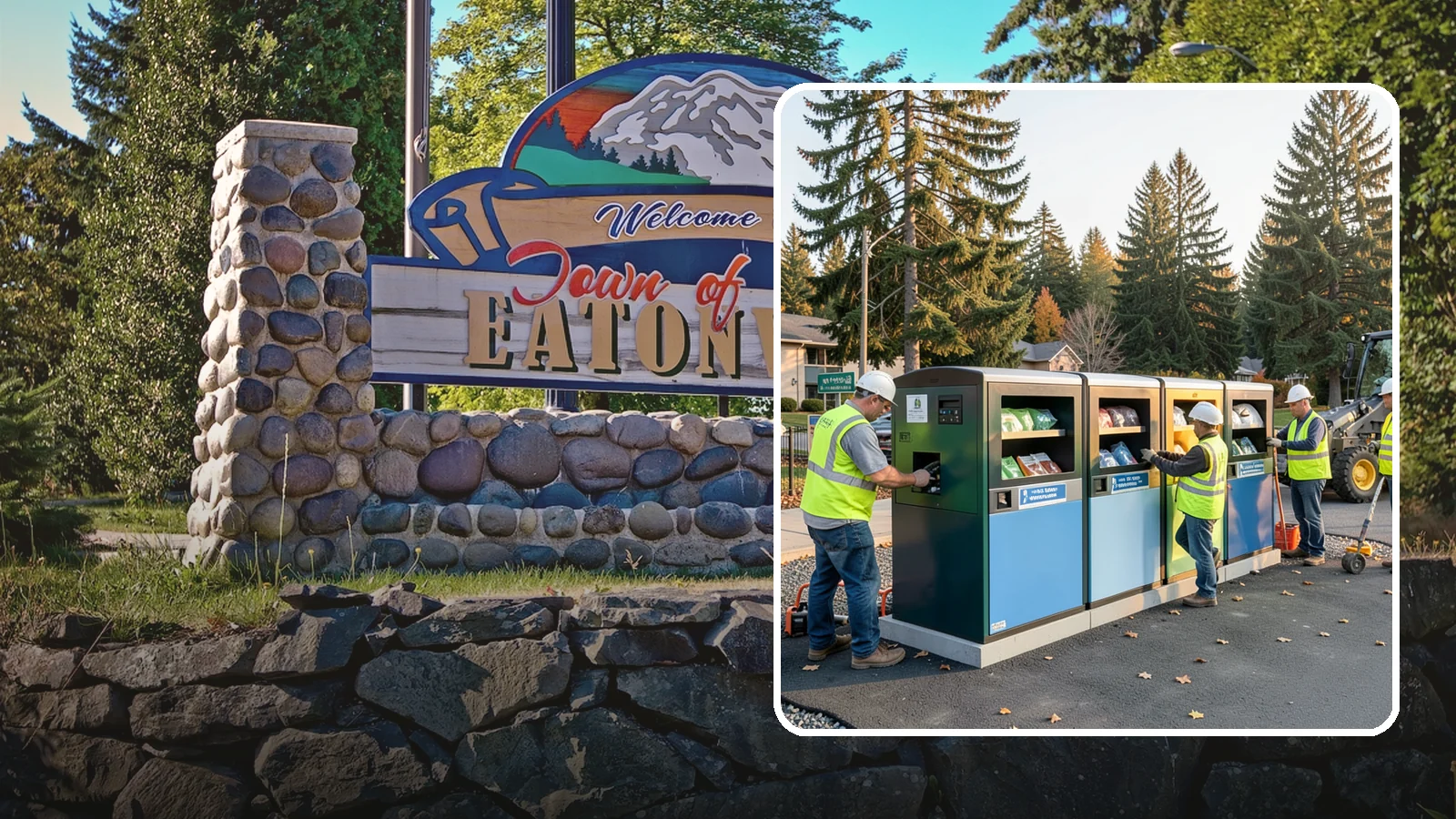 Recycling Station Installation in Eatonville, Pierce County, WA - We install multi-stream recycling stations with clear labeling to support your diversion goals.