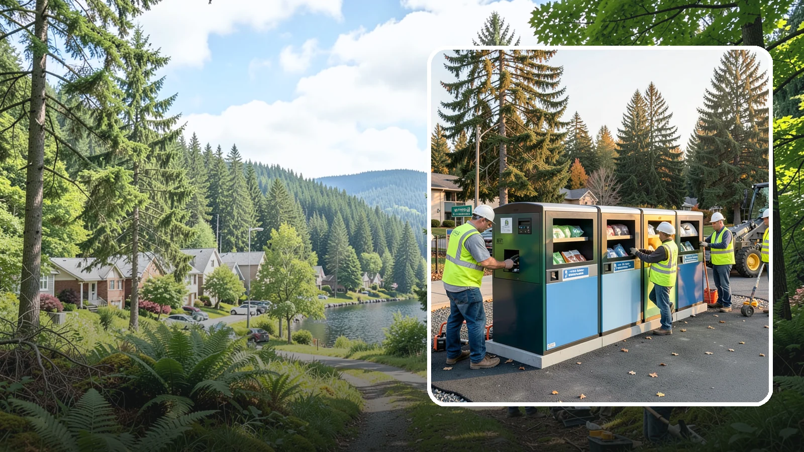 Recycling Station Installation in Lake Forest Park, King County, WA - We install multi-stream recycling stations with clear labeling to support your diversion goals.