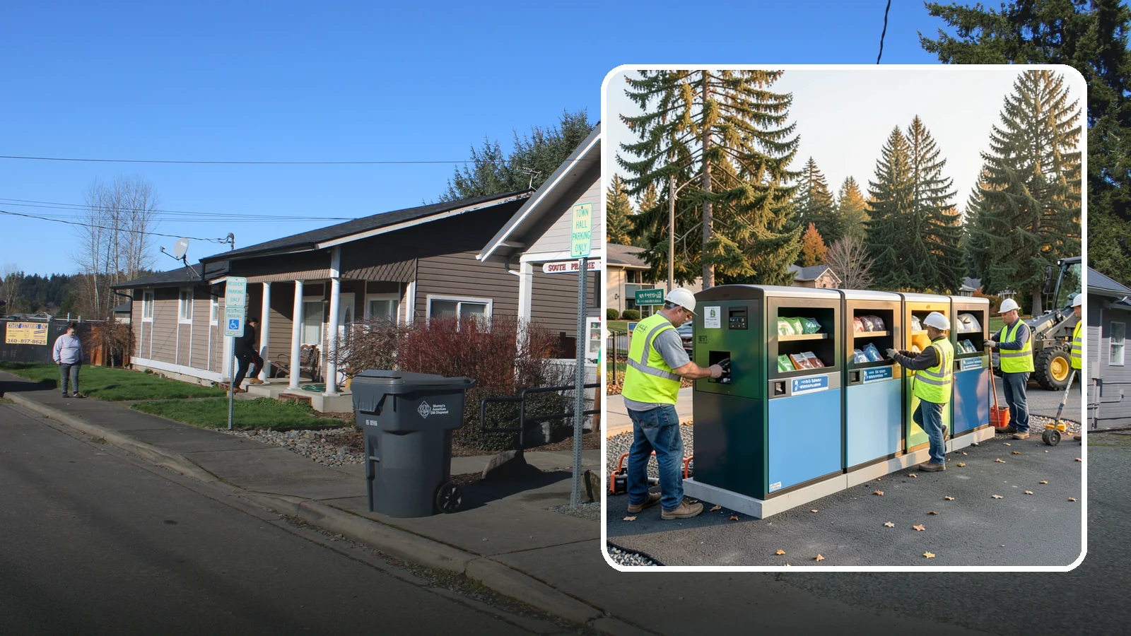 Recycling Station Installation in South Prairie, Pierce County, WA - We install multi-stream recycling stations with clear labeling to support your diversion goals.