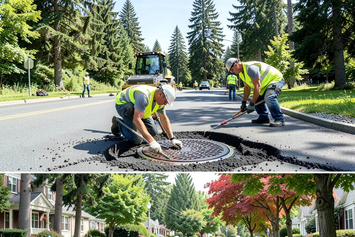 Reflective Marker Installation in Beaux Arts Village, King County, WA - Dry summer conditions are needed for reliable adhesive bonding before the wet season arrives.