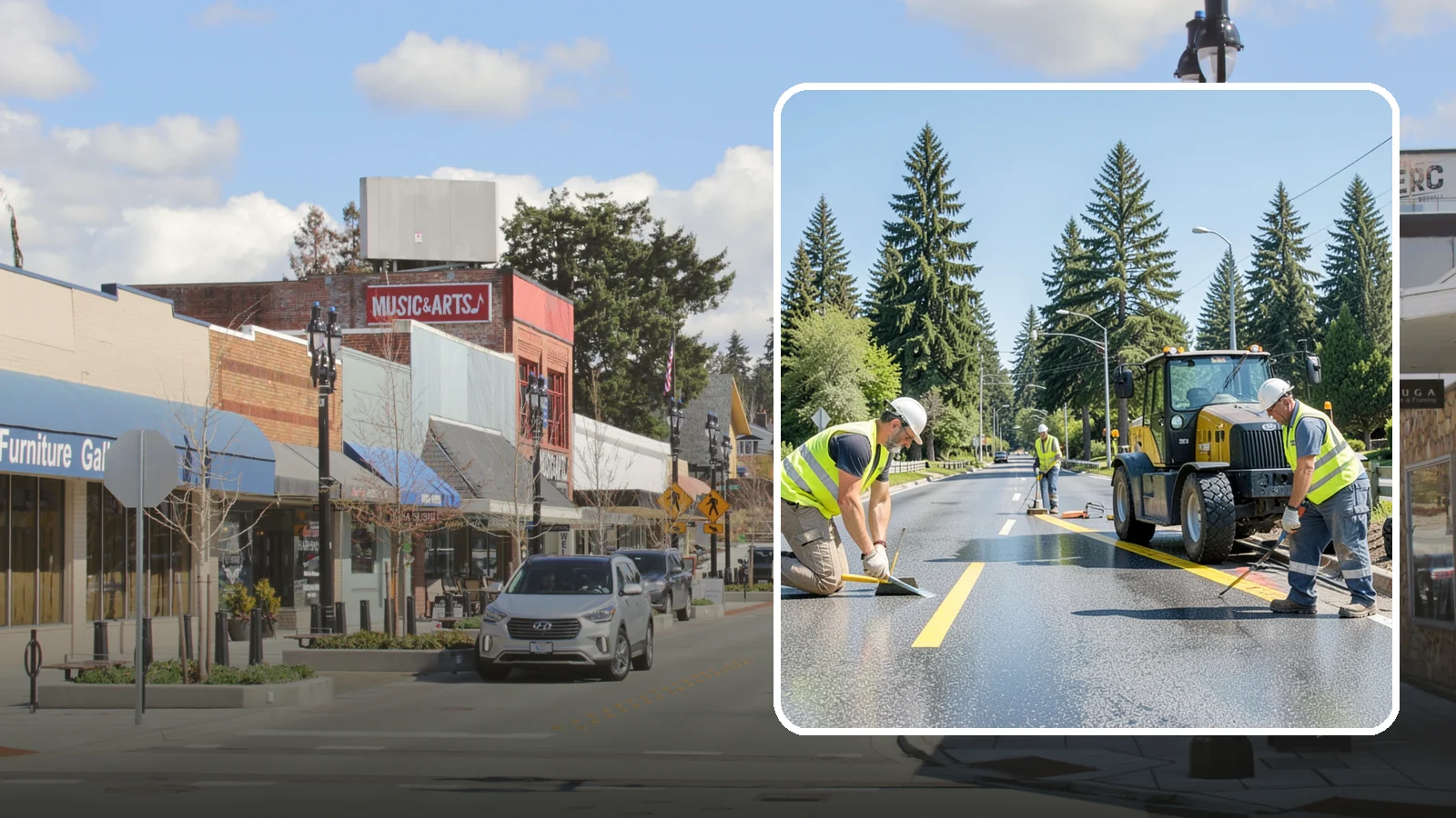 Reflective Marker Installation in Bothell, King County, WA - Raised and reflective pavement markers boost lane delineation in low-light and wet conditions.
