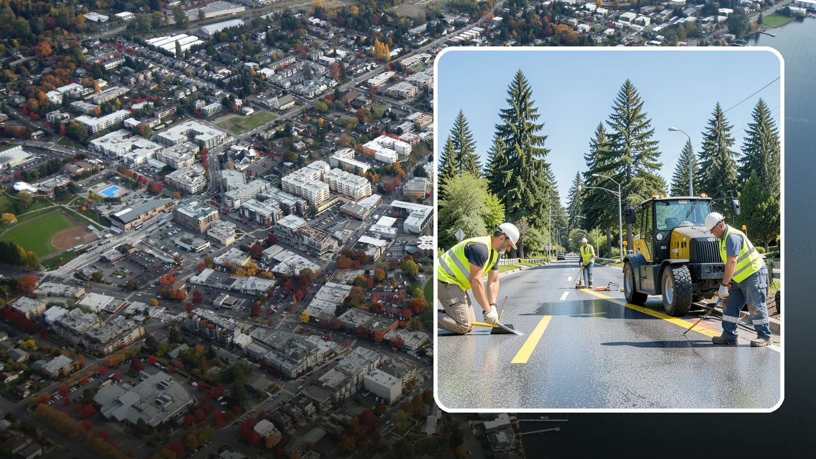 Reflective Marker Installation in Kirkland, King County, WA - Raised and reflective pavement markers boost lane delineation in low-light and wet conditions.