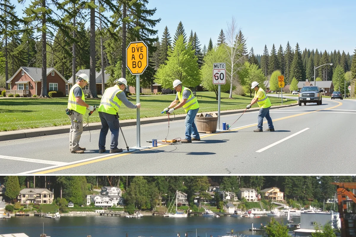 Regulatory Signs in Gig Harbor, Pierce County, WA - Regulatory installs proceed in all seasons, though drier months ease footing work and reduce traffic-control complications on...