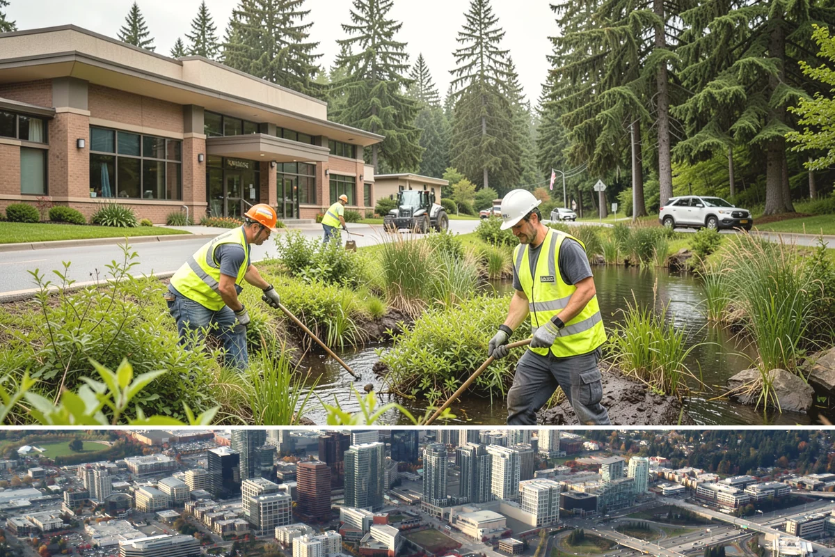 Retention Pond Maintenance in Bellevue, King County, WA - Pond maintenance, especially sediment removal and outlet servicing, is scheduled in late summer so full storage capacity is...