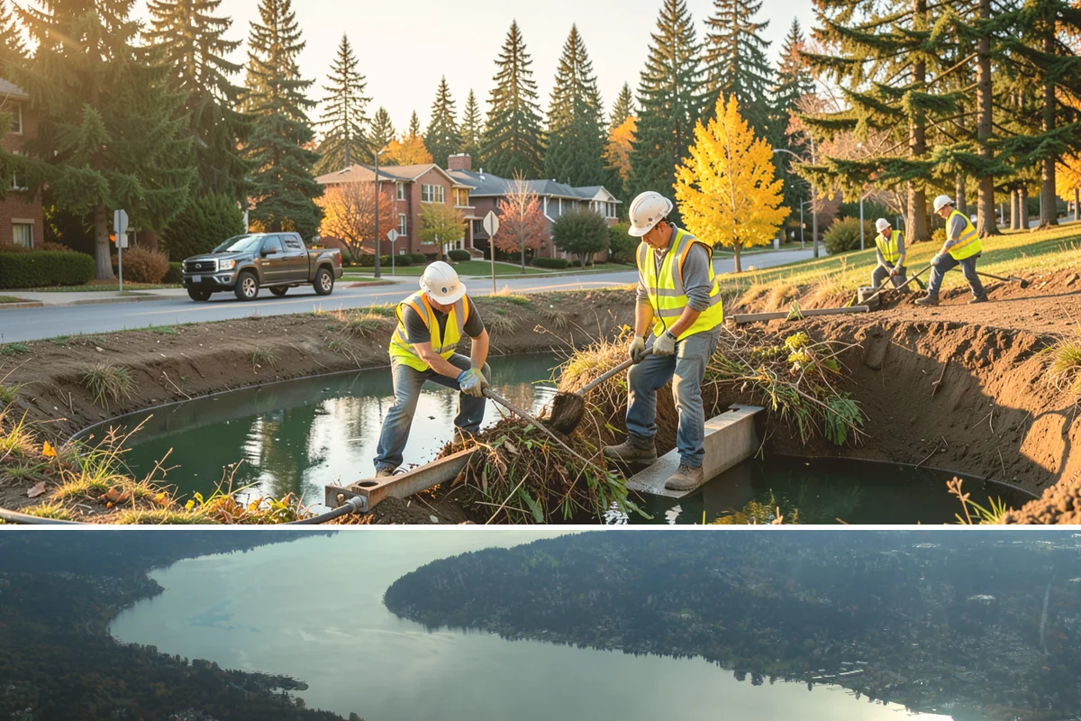 Retention Pond Maintenance in Sammamish, King County, WA - Pond maintenance, especially sediment removal and outlet servicing, is scheduled in late summer so full storage capacity is...