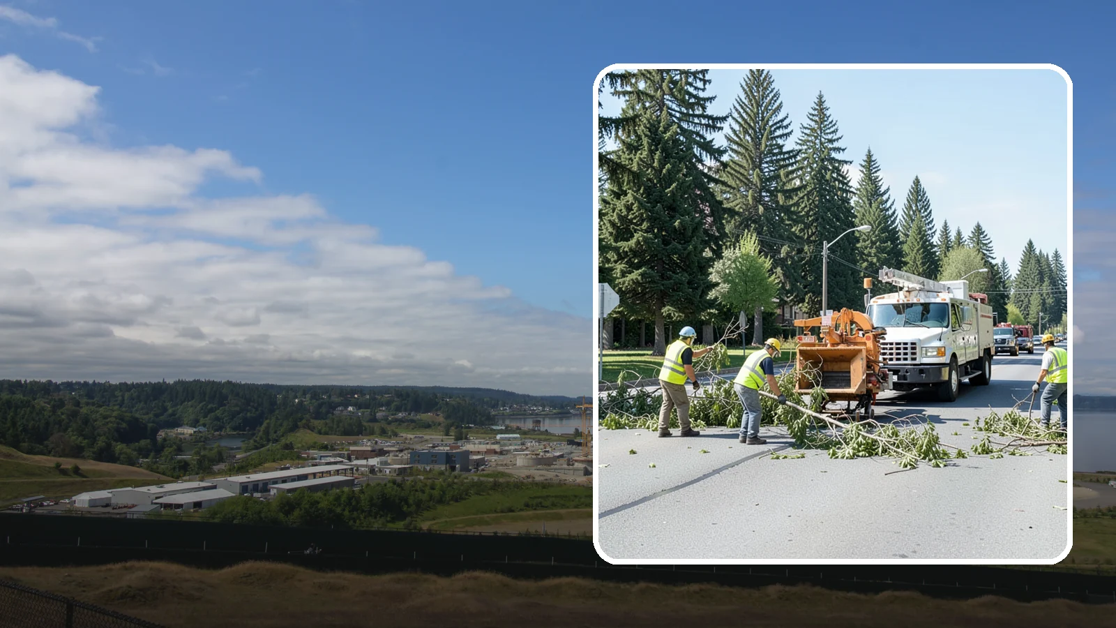 Right-of-Way Tree Clearing in University Place, Pierce County, WA - We clear trees and encroaching limbs from roadway and utility rights-of-way to restore clearances and sight lines for public...
