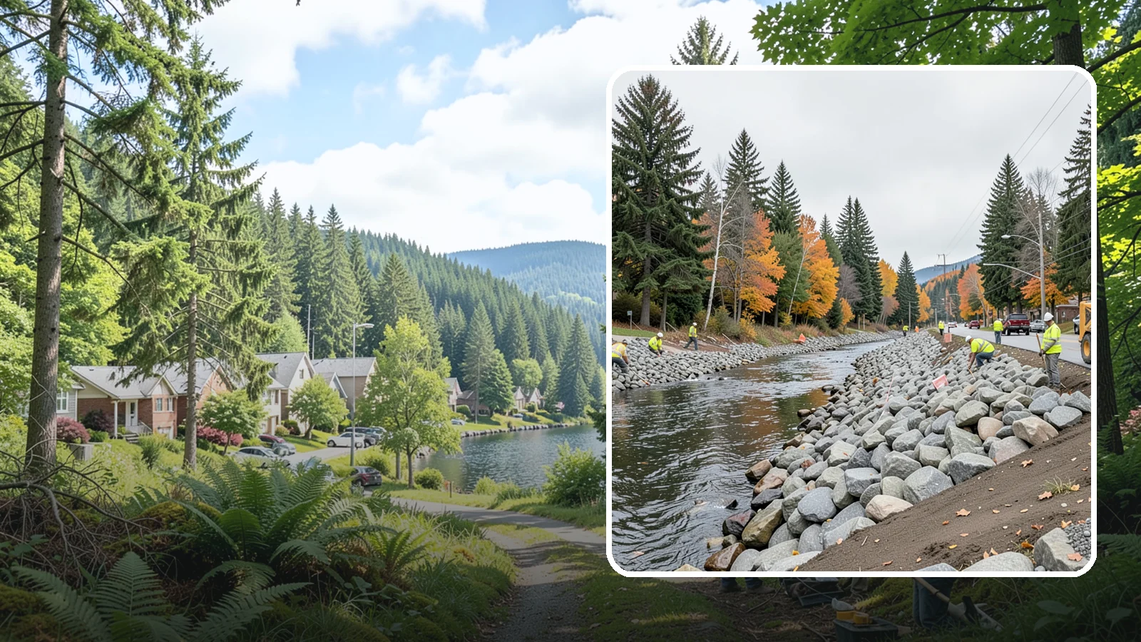Riprap Installation in Lake Forest Park, King County, WA - Riprap installation that armors banks, outfalls, and slopes against erosion and scour from high flows.