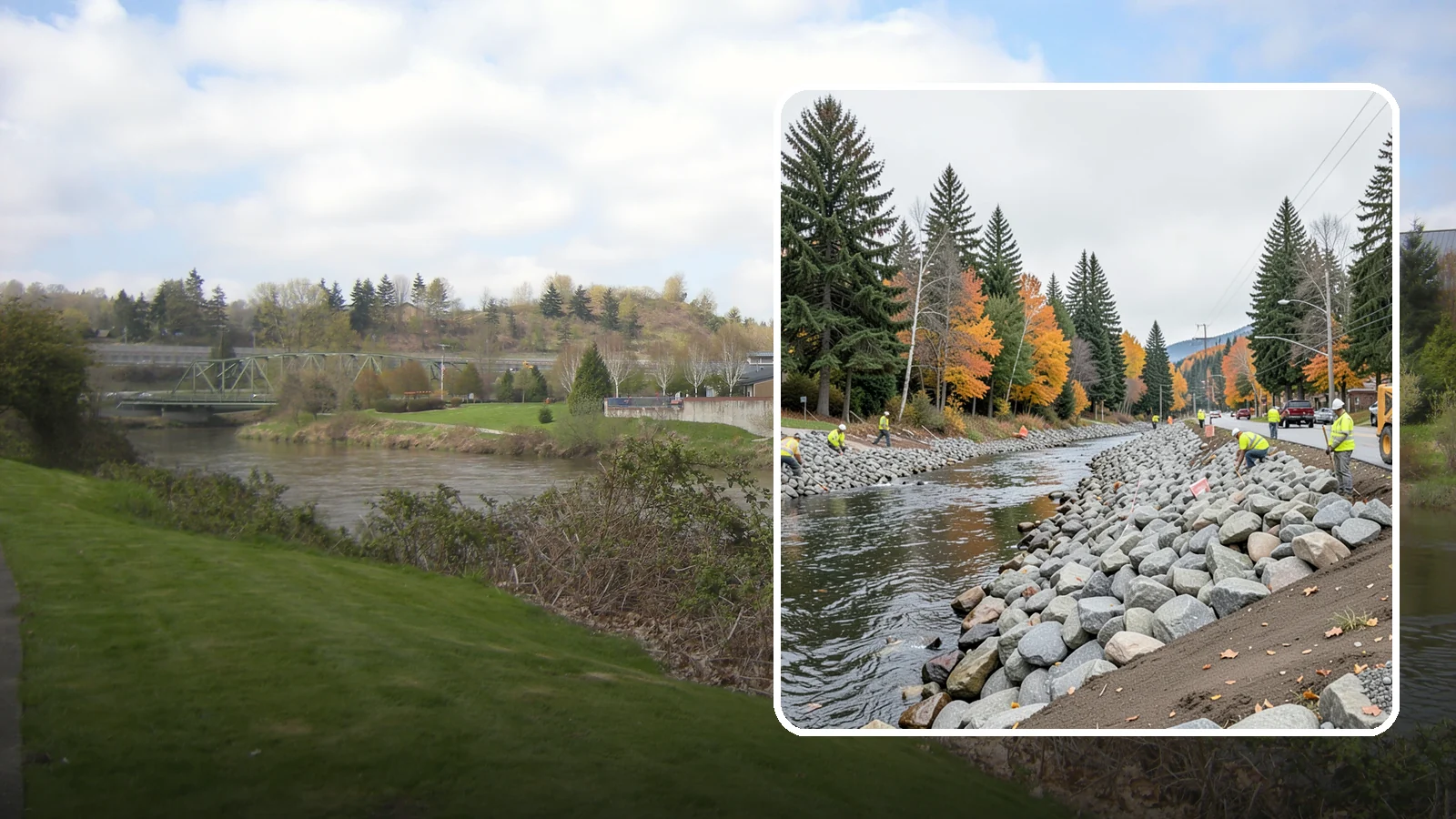 Riprap Installation in Tukwila, King County, WA - Riprap installation that armors banks, outfalls, and slopes against erosion and scour from high flows.
