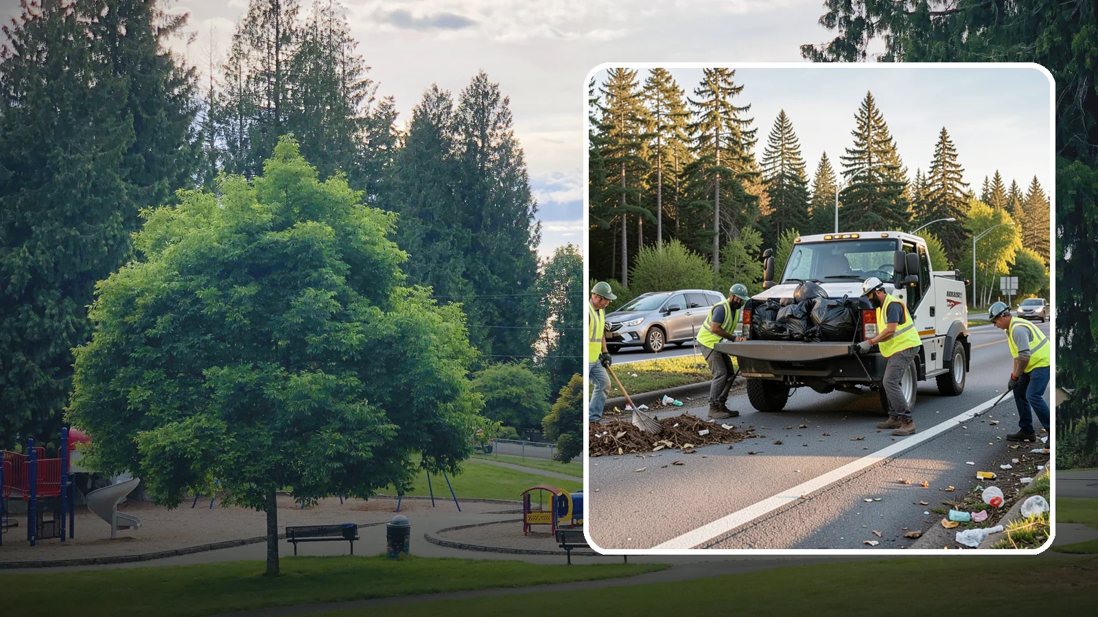 Roadside Cleanup in Bonney Lake, Pierce County, WA - Litter and debris collection along arterials, highways, and adopt-a-road corridors under safe work-zone controls.