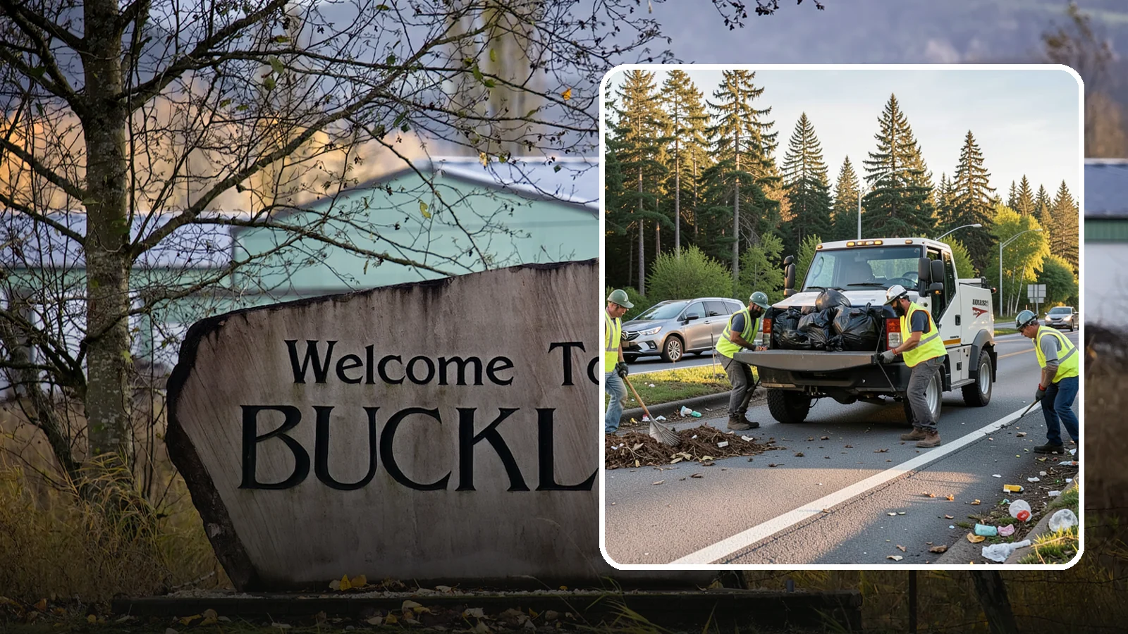 Roadside Cleanup in Buckley, Pierce County, WA - Litter and debris collection along arterials, highways, and adopt-a-road corridors under safe work-zone controls.
