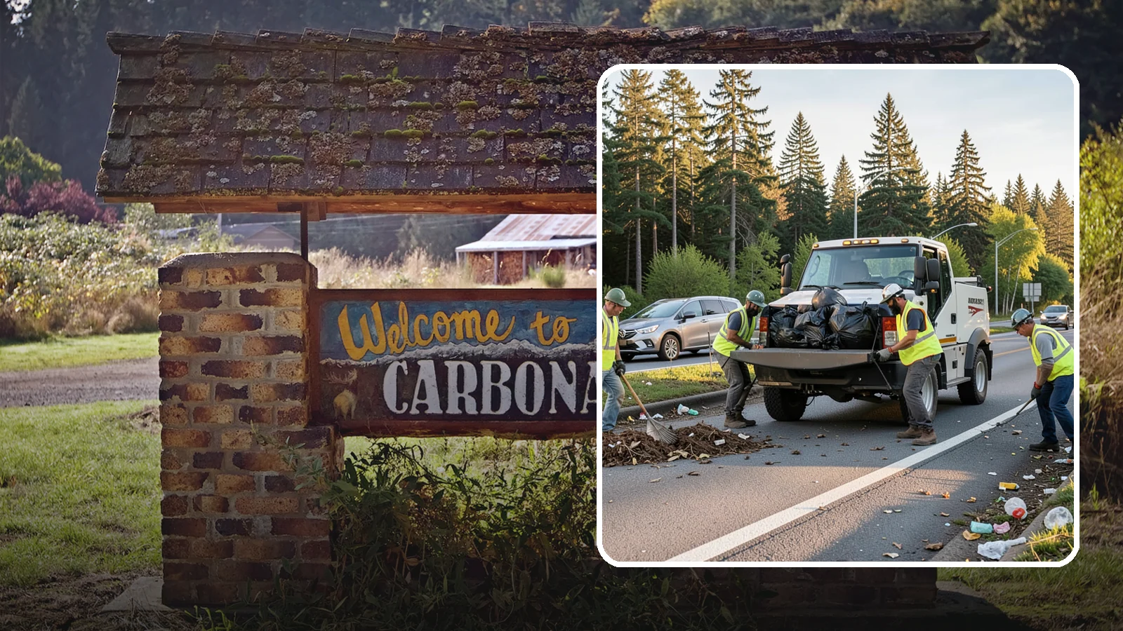 Roadside Cleanup in Carbonado, Pierce County, WA - Litter and debris collection along arterials, highways, and adopt-a-road corridors under safe work-zone controls.