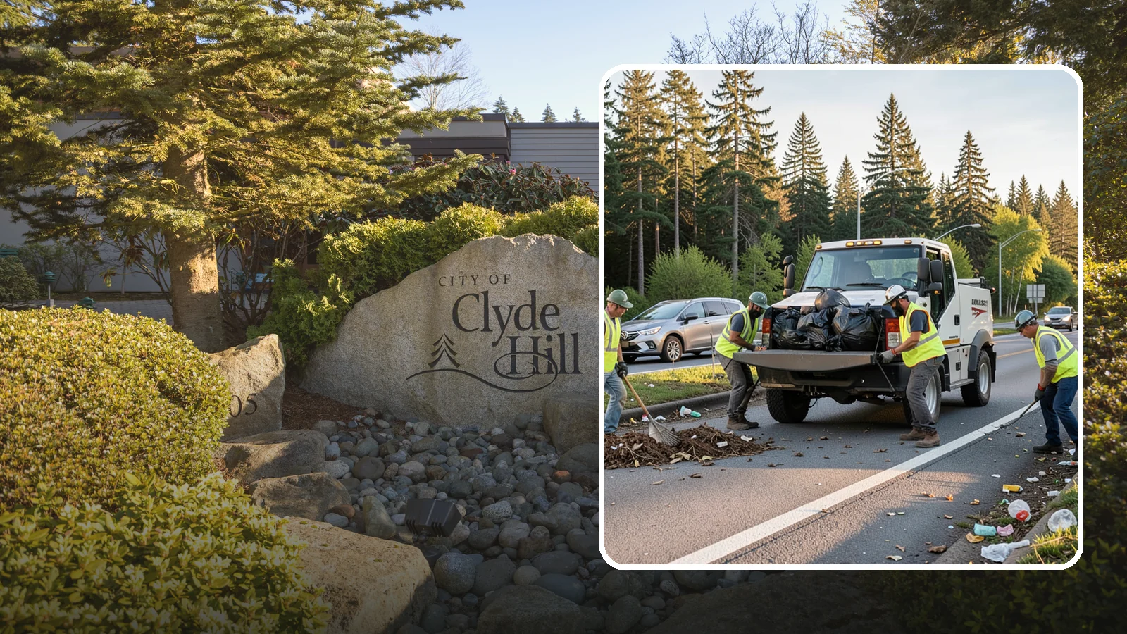 Roadside Cleanup in Clyde Hill, King County, WA - Litter and debris collection along arterials, highways, and adopt-a-road corridors under safe work-zone controls.
