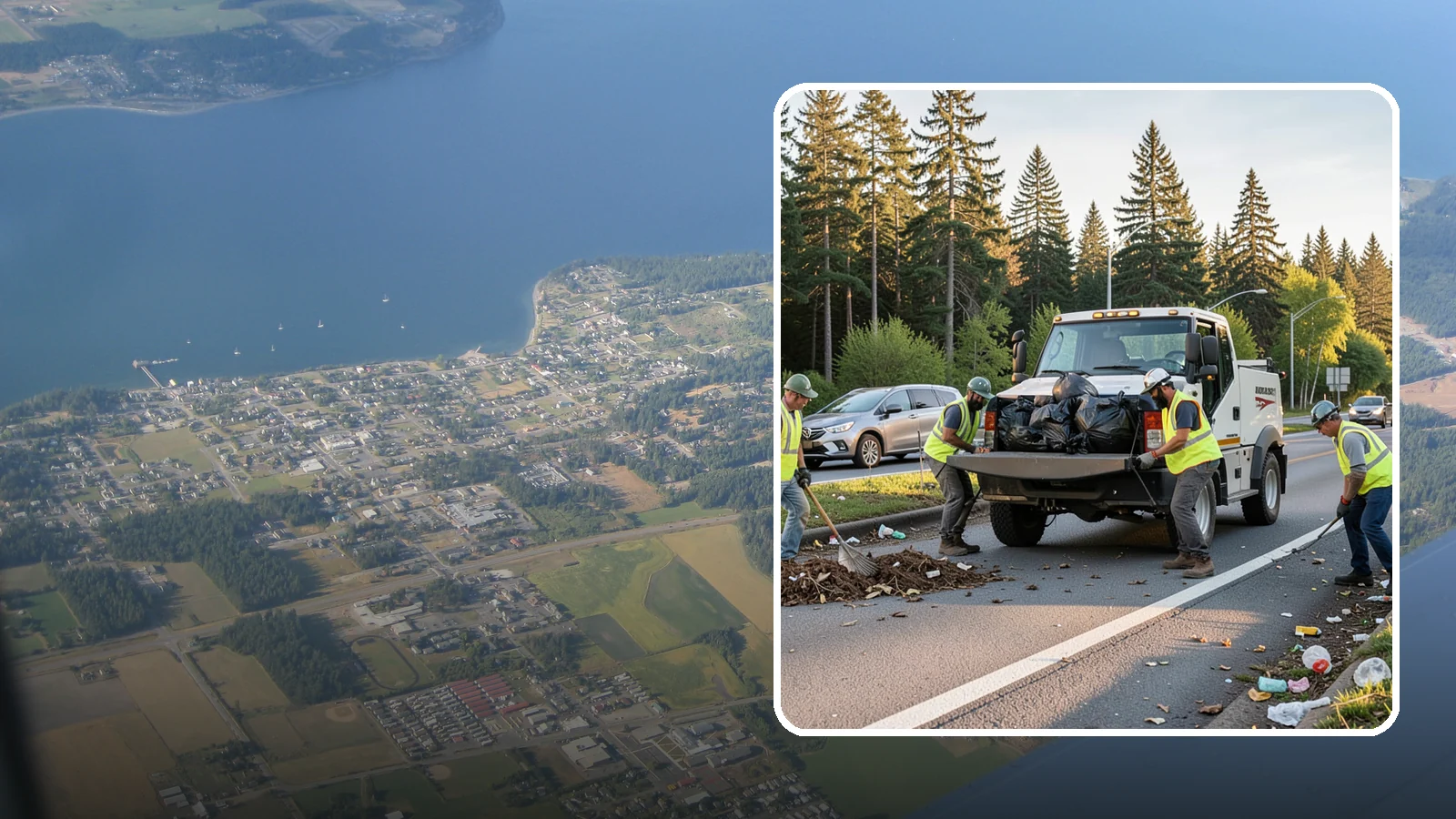 Roadside Cleanup in Coupeville, Island County, WA - Litter and debris collection along arterials, highways, and adopt-a-road corridors under safe work-zone controls.