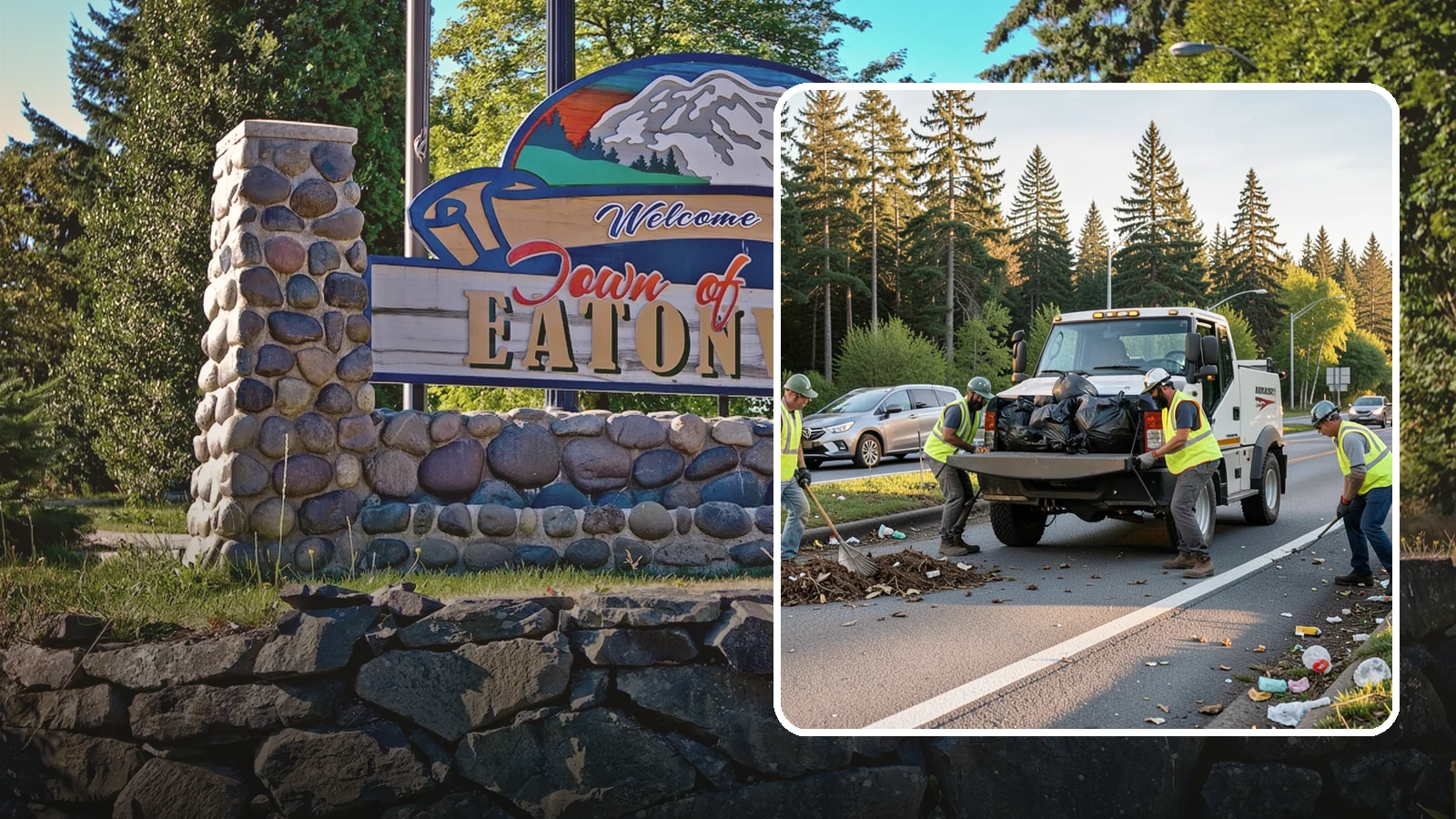Roadside Cleanup in Eatonville, Pierce County, WA - Litter and debris collection along arterials, highways, and adopt-a-road corridors under safe work-zone controls.