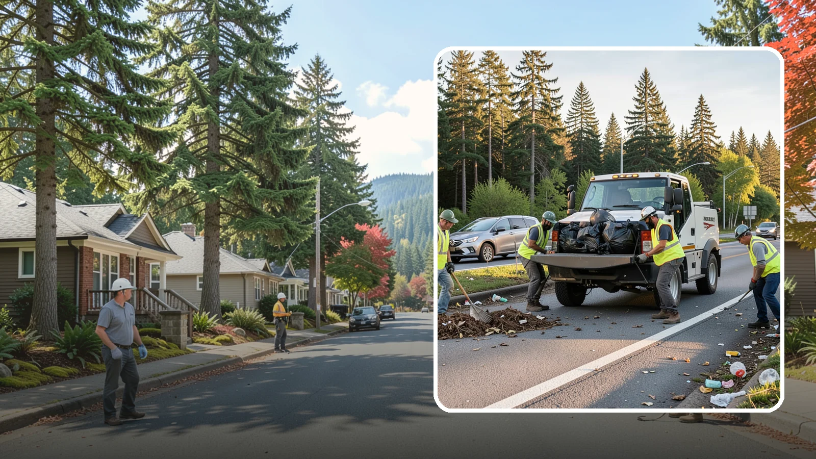 Roadside Cleanup in Hunts Point, King County, WA - Litter and debris collection along arterials, highways, and adopt-a-road corridors under safe work-zone controls.