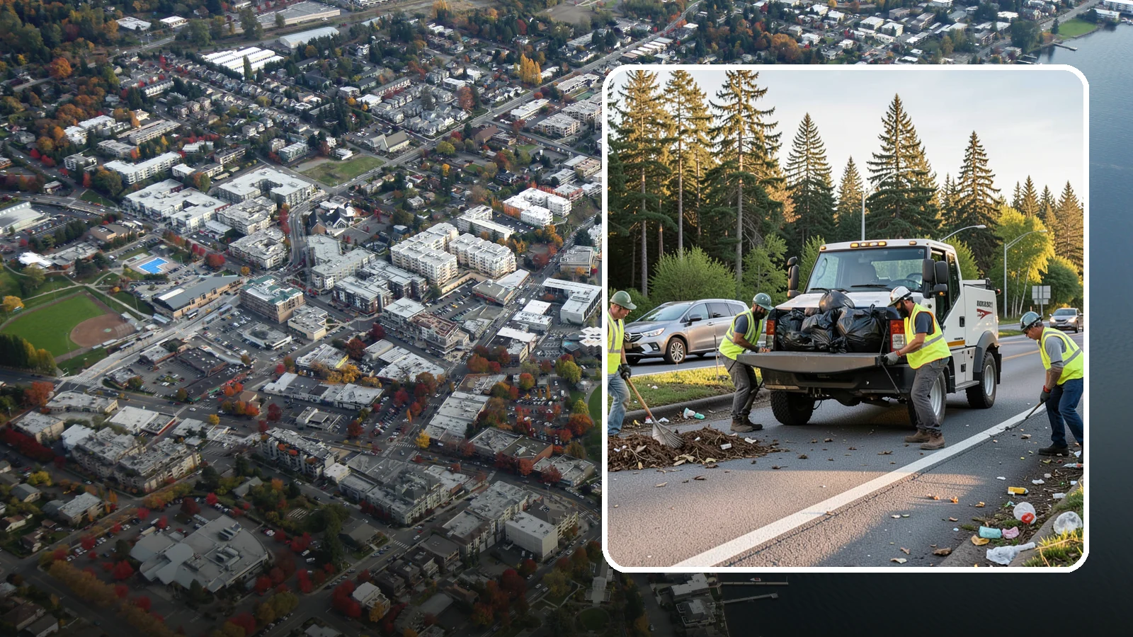 Roadside Cleanup in Kirkland, King County, WA - Litter and debris collection along arterials, highways, and adopt-a-road corridors under safe work-zone controls.
