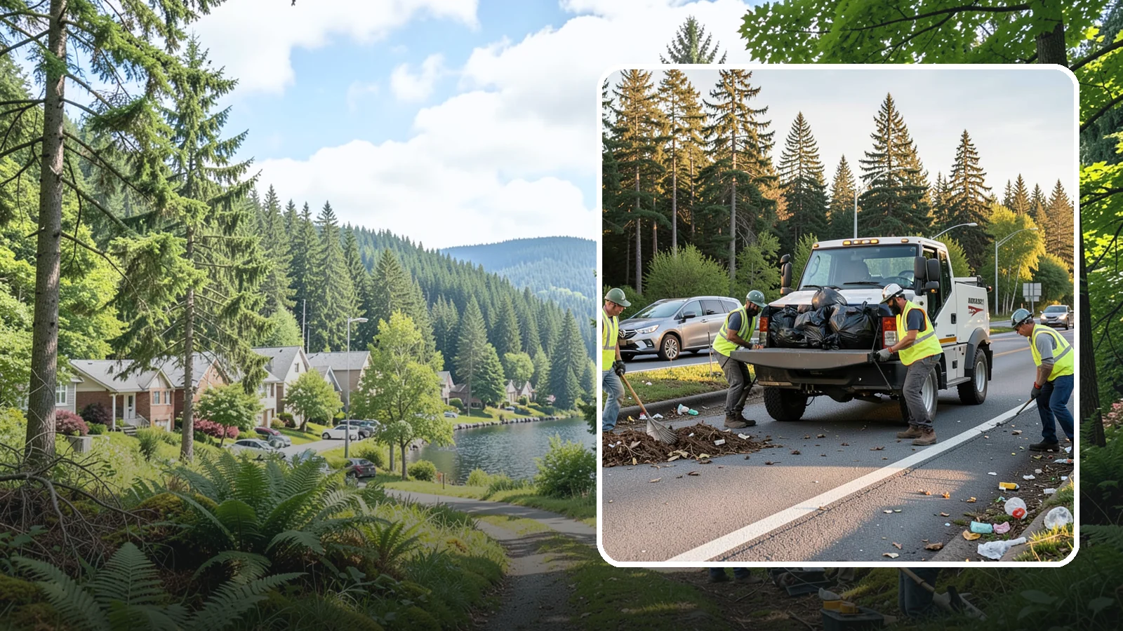 Roadside Cleanup in Lake Forest Park, King County, WA - Litter and debris collection along arterials, highways, and adopt-a-road corridors under safe work-zone controls.