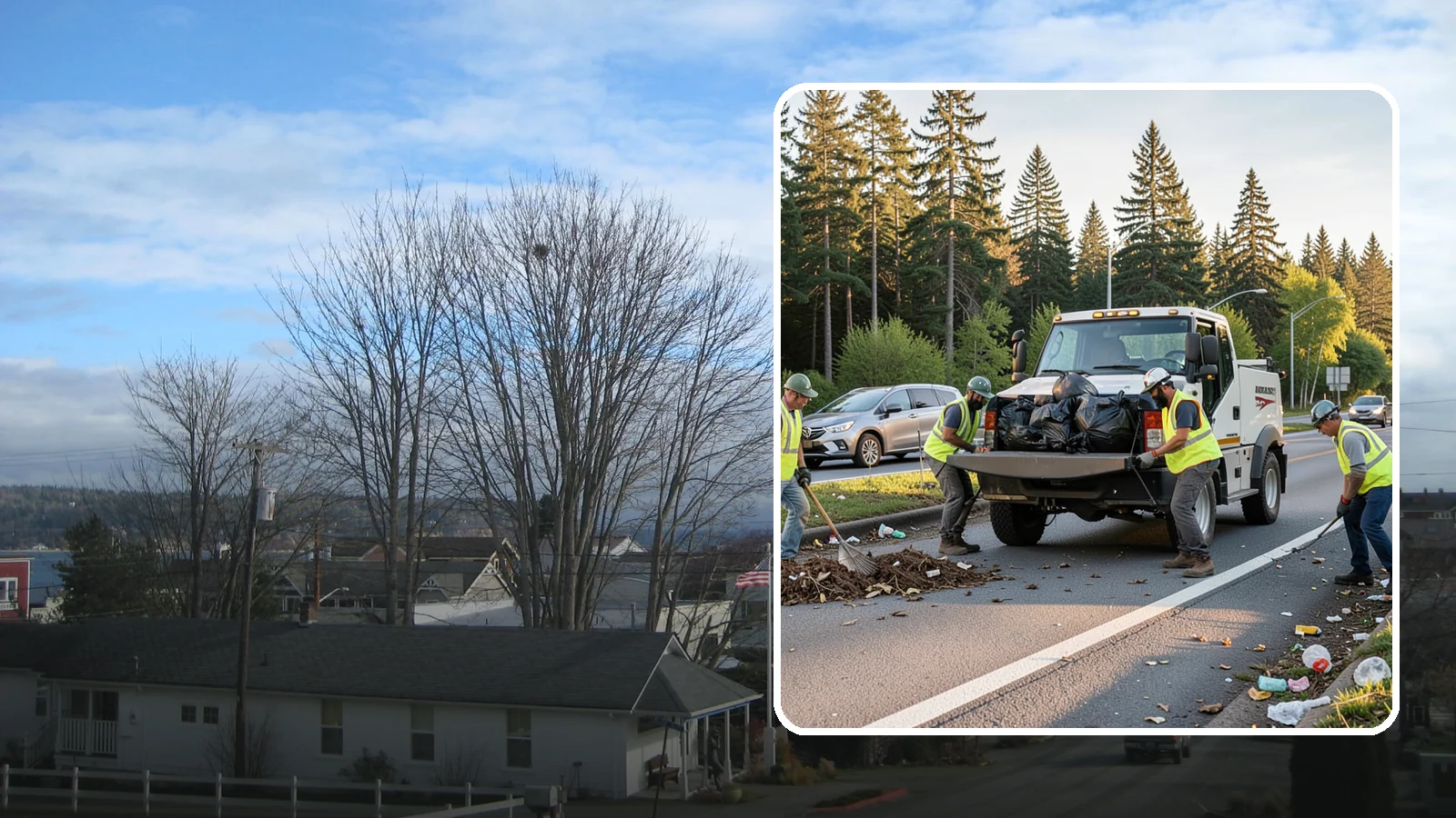 Roadside Cleanup in Langley, Island County, WA - Litter and debris collection along arterials, highways, and adopt-a-road corridors under safe work-zone controls.
