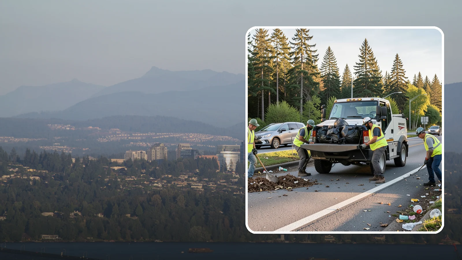 Roadside Cleanup in Medina, King County, WA - Litter and debris collection along arterials, highways, and adopt-a-road corridors under safe work-zone controls.