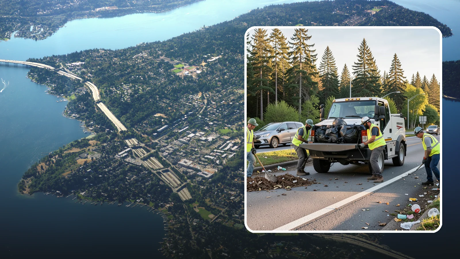Roadside Cleanup in Mercer Island, King County, WA - Litter and debris collection along arterials, highways, and adopt-a-road corridors under safe work-zone controls.