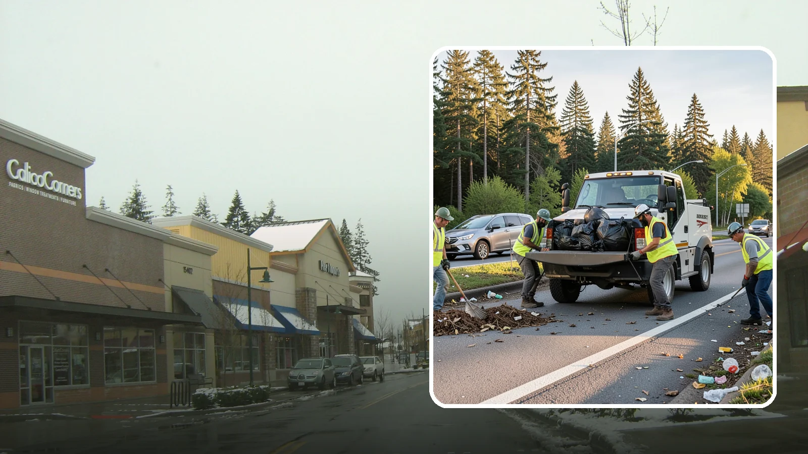 Roadside Cleanup in Mill Creek, Snohomish County, WA - Litter and debris collection along arterials, highways, and adopt-a-road corridors under safe work-zone controls.