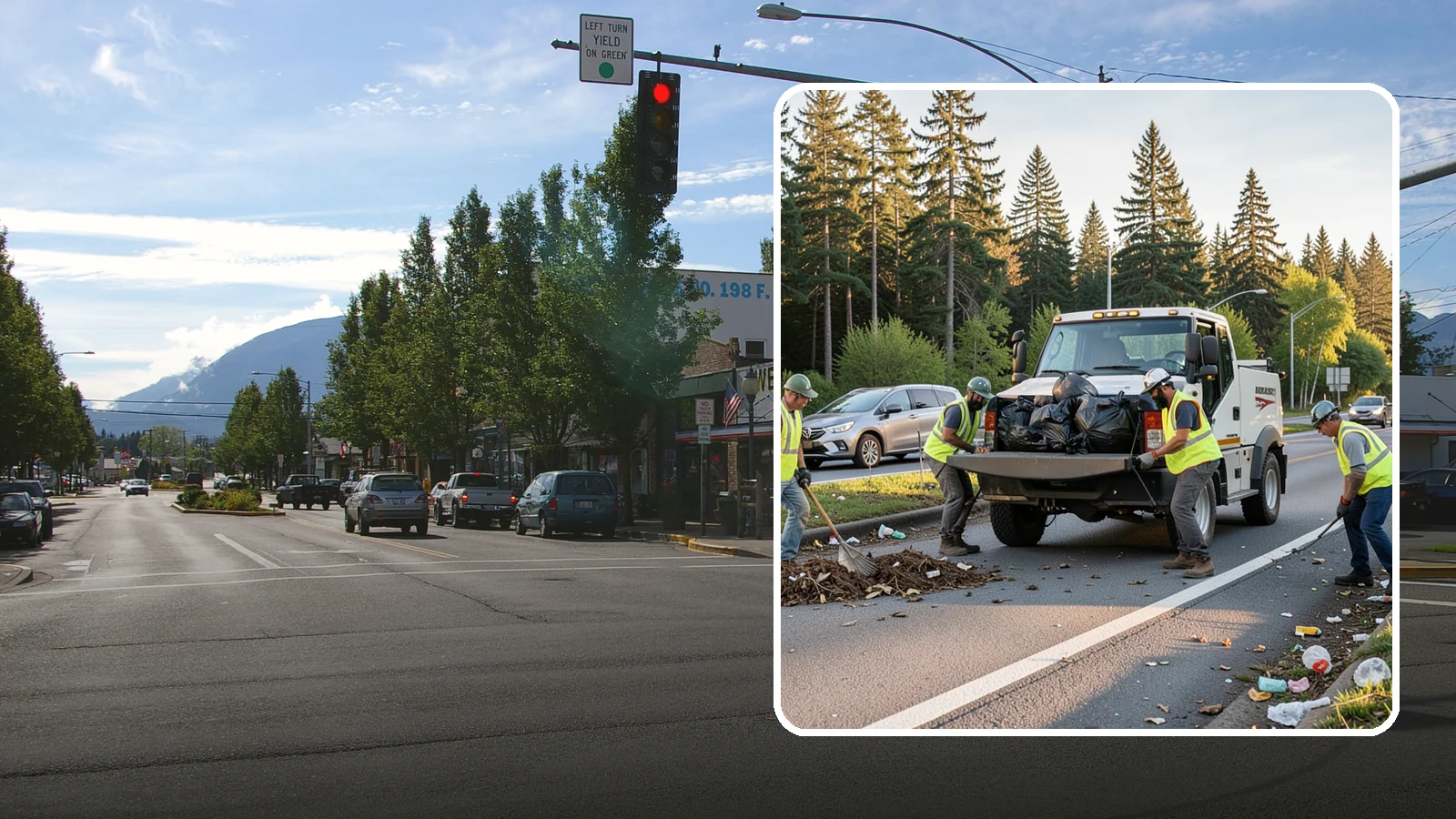 Roadside Cleanup in North Bend, King County, WA - Litter and debris collection along arterials, highways, and adopt-a-road corridors under safe work-zone controls.