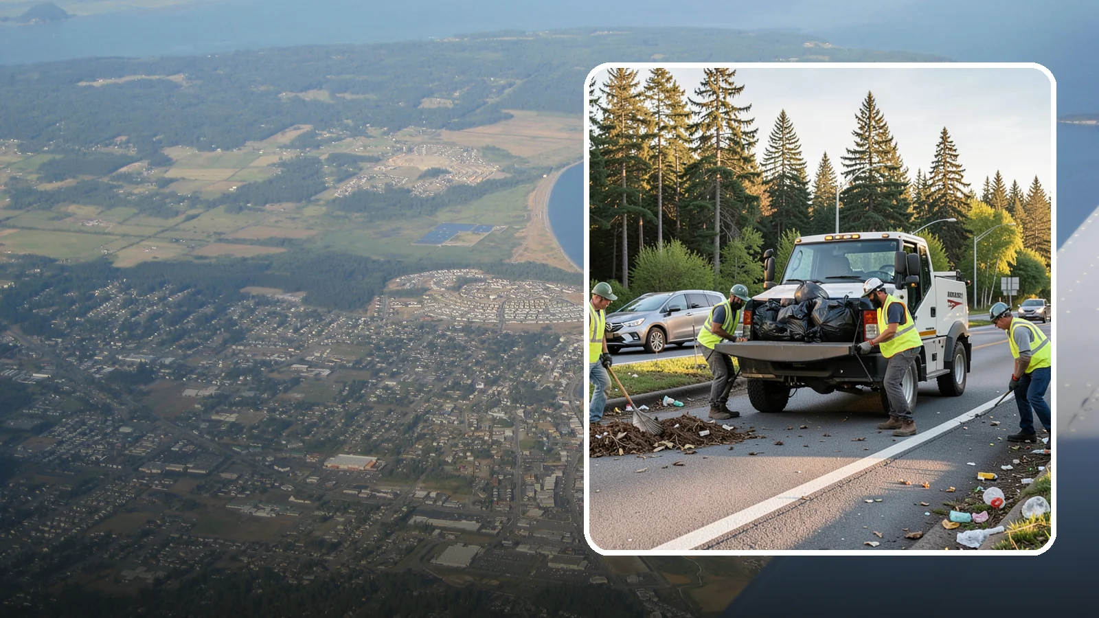 Roadside Cleanup in Oak Harbor, Island County, WA - Litter and debris collection along arterials, highways, and adopt-a-road corridors under safe work-zone controls.