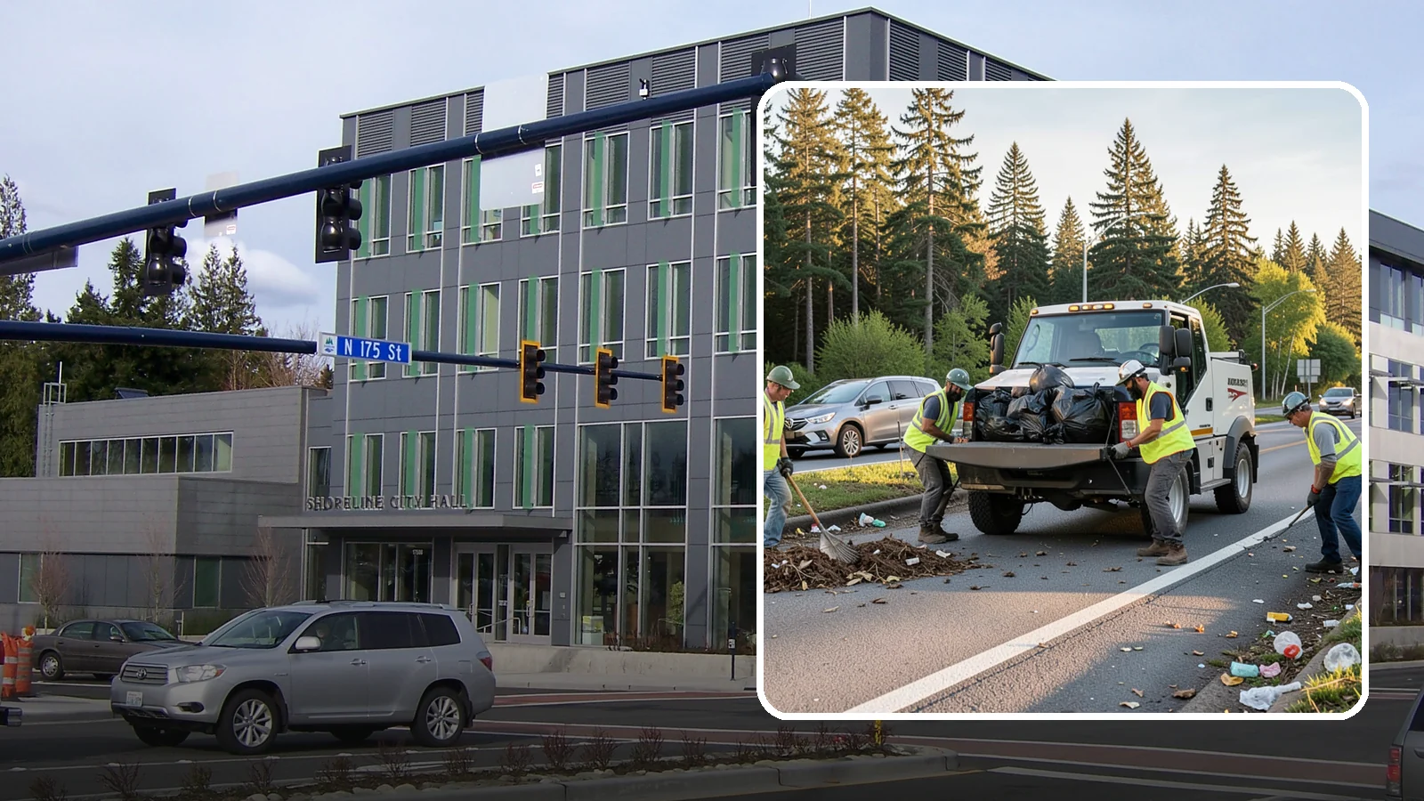 Roadside Cleanup in Shoreline, King County, WA - Litter and debris collection along arterials, highways, and adopt-a-road corridors under safe work-zone controls.