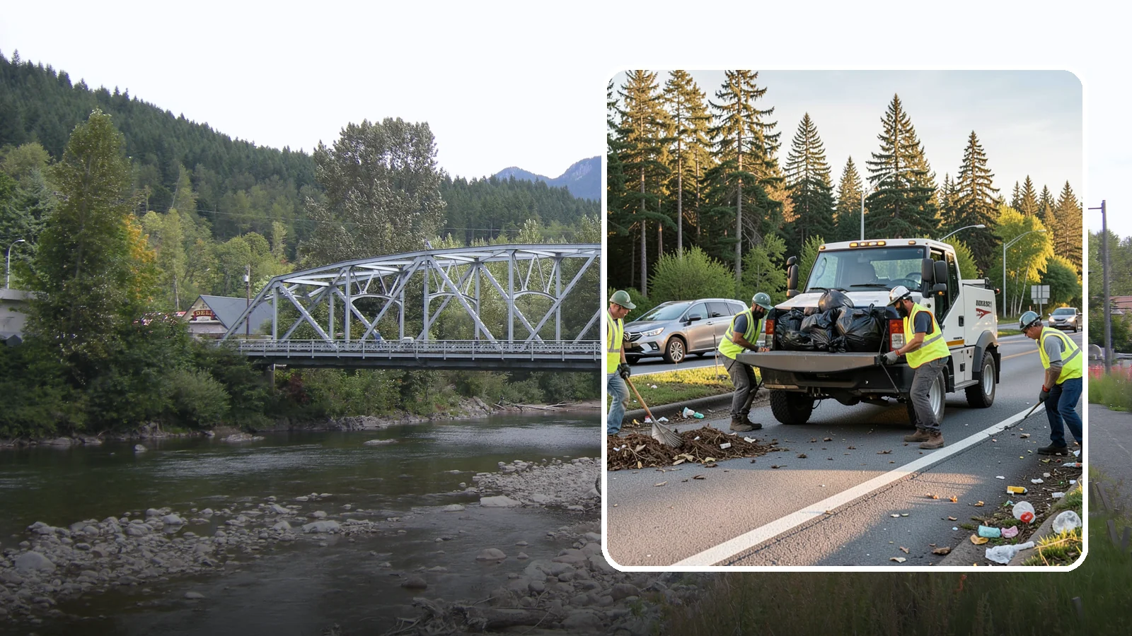 Roadside Cleanup in Skykomish, King County, WA - Litter and debris collection along arterials, highways, and adopt-a-road corridors under safe work-zone controls.