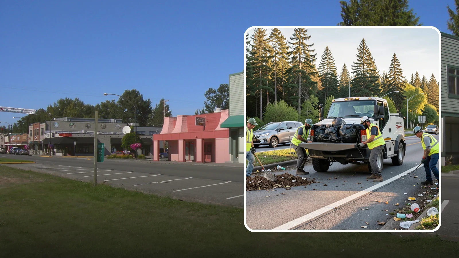 Roadside Cleanup in Snoqualmie, King County, WA - Litter and debris collection along arterials, highways, and adopt-a-road corridors under safe work-zone controls.