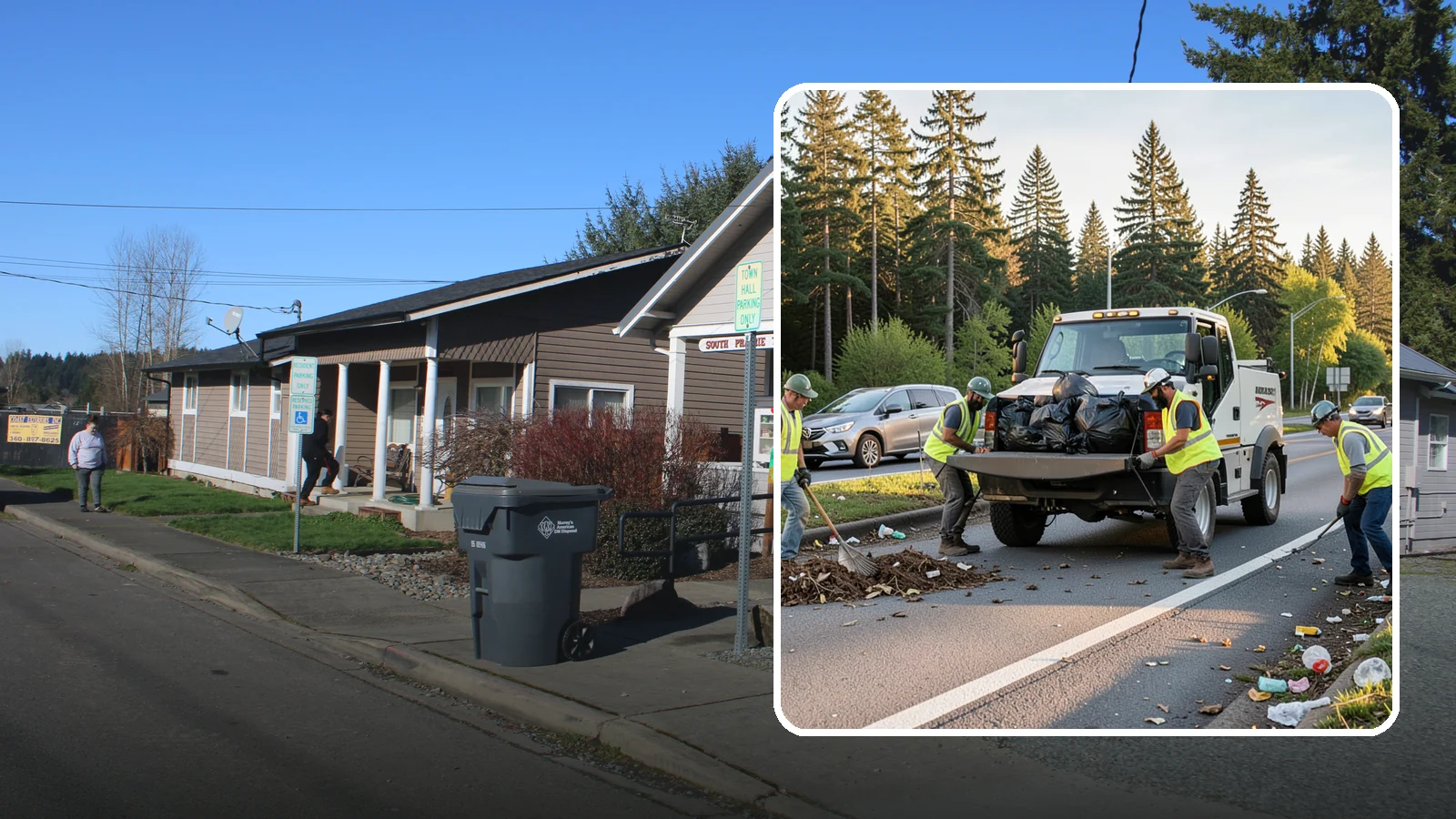 Roadside Cleanup in South Prairie, Pierce County, WA - Litter and debris collection along arterials, highways, and adopt-a-road corridors under safe work-zone controls.