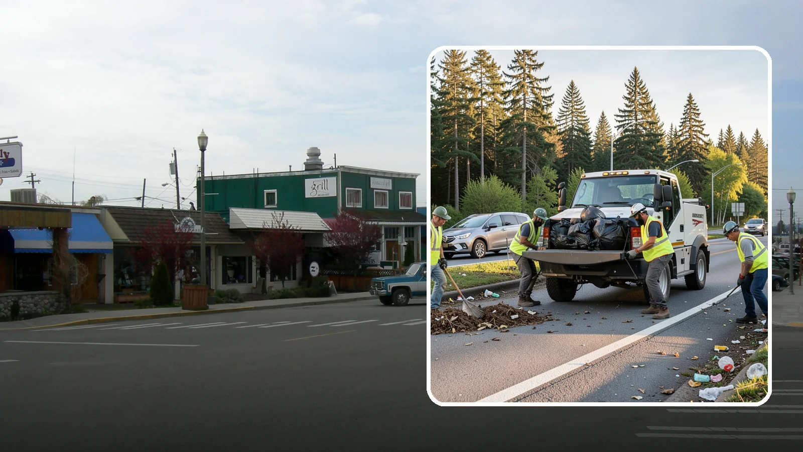 Roadside Cleanup in Stanwood, Snohomish County, WA - Litter and debris collection along arterials, highways, and adopt-a-road corridors under safe work-zone controls.