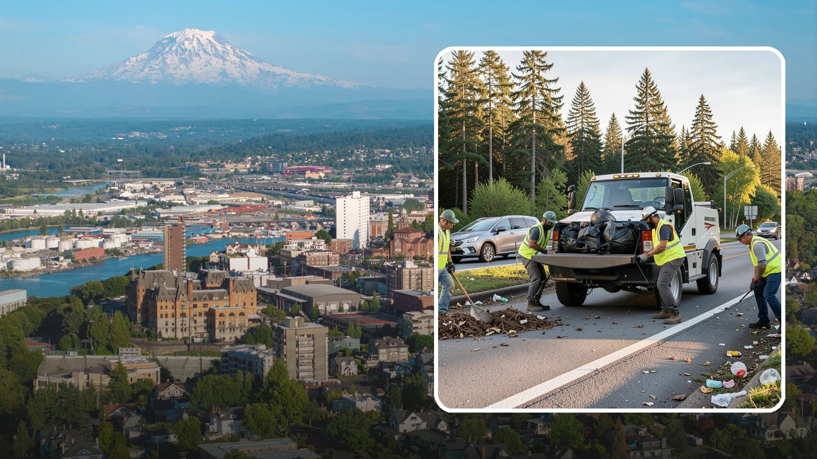 Roadside Cleanup in Tacoma, Pierce County, WA - Litter and debris collection along arterials, highways, and adopt-a-road corridors under safe work-zone controls.